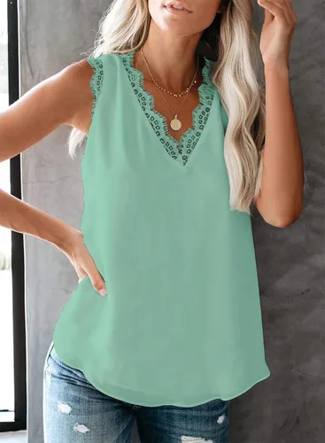Vista 104 de VIISHOW - Camiseta sin mangas, sexy, con cuello en V y bordes de encaje para mujer, camisola de vestir, camisas de gasa, sin mangas, casuales
