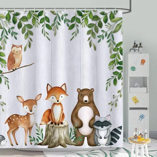 Vista 10 de Bonhause Cortina de ducha de otoño, diseño de zorro de ciervo, mapache, cortina de baño de animales otoñales, 72 x 72 pulgadas, cortina de baño