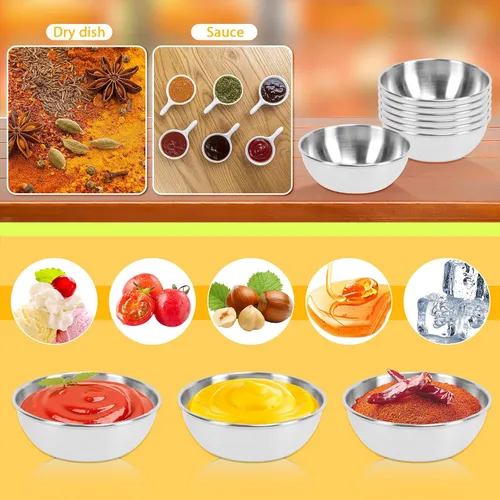 Vista 3 de 6 platos de salsa de acero inoxidable, cuencos redondos para condimentos, mini platos de aperitivo, platos para mezclar sushi (3.15 x 1.18 pulgadas)