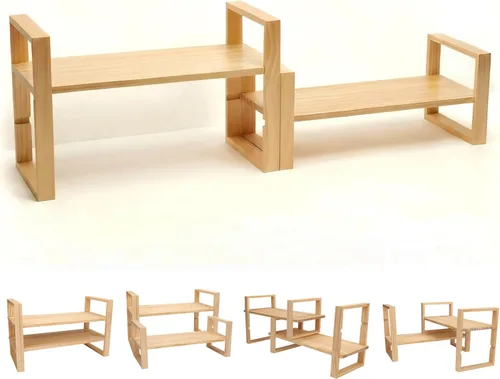 Vista 6 de Estantería de escritorio, 100% madera maciza, ajustable, no requiere herramientas ni clavos, estantería de mesa retro, capacidad de carga de 130