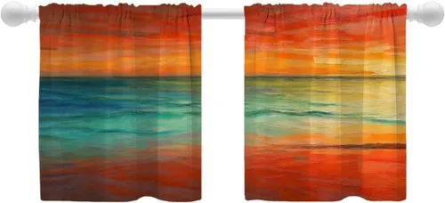 Vista 91 de Shrahala Beige and Orange Abstract Art Brushstrokes Blackout Curtain Tiers, Abstract Oil Paint Kitchen Valance Light Blocking Tier Drapes with Rod