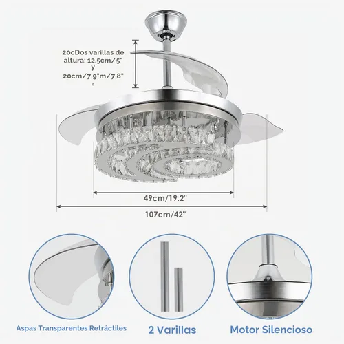 Vista 7 de FRIXCHUR 42" Ventiladores de techo de cristal con candelabro regulable LED, lámpara de araña retráctil en forma de luna con luces y control remoto