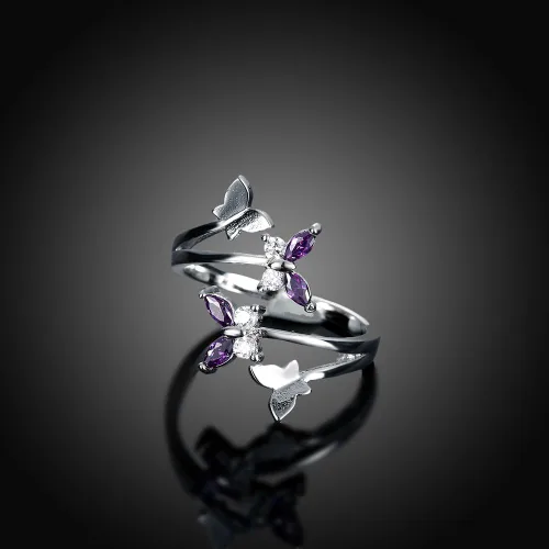 Vista 4 de MAIHAO Women's Adjustable Size 925 Sterling Silver Butterfly White Birthstone CZ Butterfly Shape Purple Austrian Crystals Rings