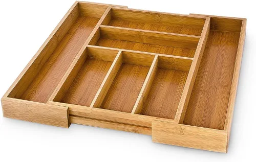 Vista 2 de Relaxdays Organizador de cajones de cocina de bambú extensible y ajustable para cubiertos, 30 a 18.9 in, 5 a 7 compartimentos, color marrón