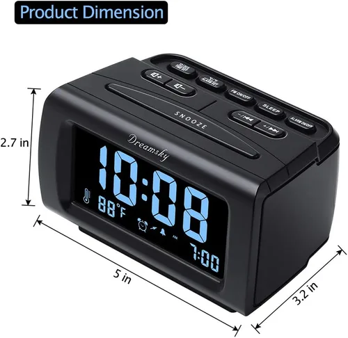 Vista 6 de DreamSky - Relojes despertadores de radio para dormitorios con respaldo de batería, números grandes y brillantes con regulador de intensidad, puerto