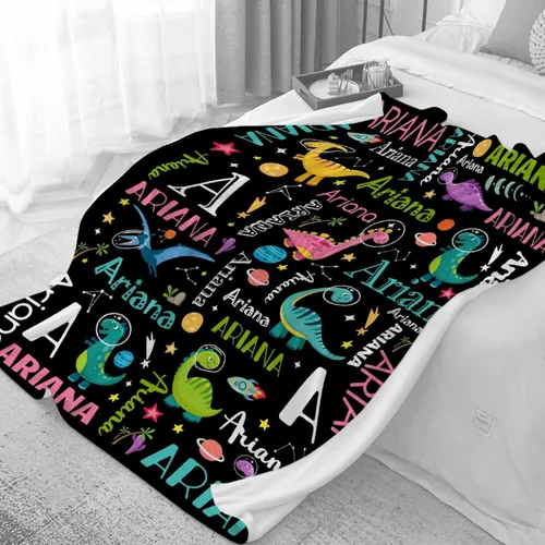 Vista 74 de Manta de regalo personalizada de dinosaurio con nombre para niñas, niños, recién nacidos, dinosaurio, manta personalizada para envolver al bebé