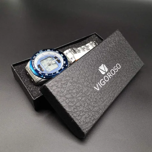 Vista 6 de VIGOROSO Reloj de pulsera analógico digital de cuarzo para hombre con energía solar y acero inoxidable