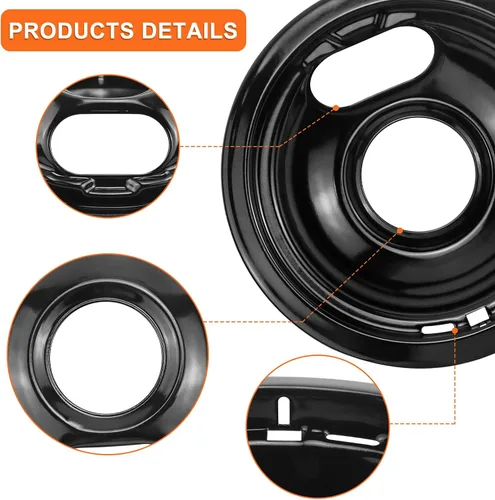 Vista 3 de Cubiertas para quemadores de estufa W10288051 - 2 paquetes de 6 pulgadas W10290353 de porcelana negra y 8 pulgadas W10290350 cubiertas superiores
