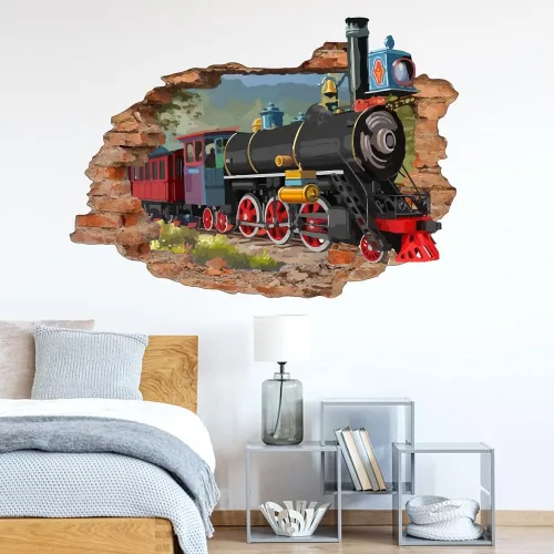 Vista 4 de SUPERDANT Adhesivo de pared de tren retro 3D para despegar y pegar, mural de vinilo para habitación de los niños, dormitorio, sala de estar, sala