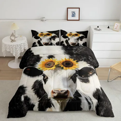 Vista 2 de Erosebridal Juego de ropa de cama con estampado de vaca, juego de edredón con estampado de piel de vaca, juego de ropa de cama de ganado