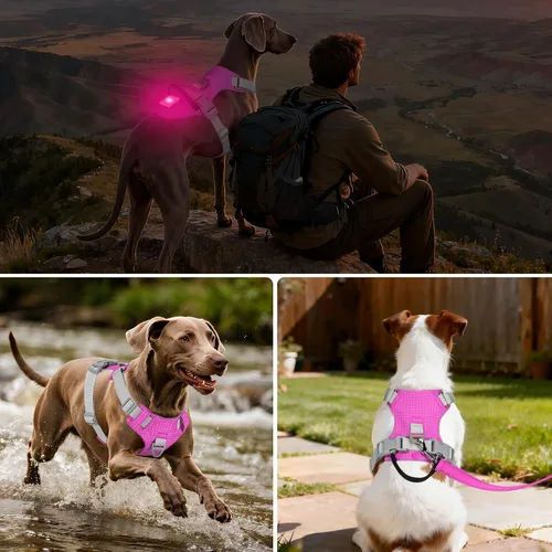 Vista 4 de Joytale Arnés para perro sin tirones con soporte para AirTag, arnés suave de seguridad nocturna para perro con asa de control y 2 clips, chaleco