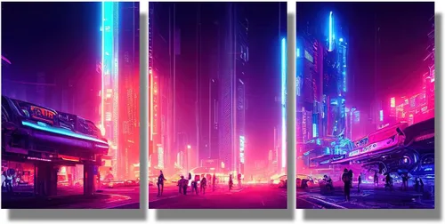 Vista 48 de Lienzo decorativo para pared, diseño de ciudad futurista Cyberpunk para sala de estar, impresión multipanel, obra de arte de cocina, pintura