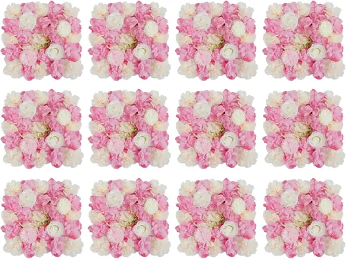 Vista 15 de Paneles de pared de flores 3D, 12 paneles de pared de flores artificiales, rosas de seda, fondo de pared de flores sintéticas decorativas