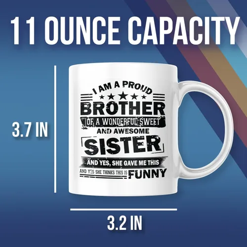 Vista 2 de Taza de café con texto en inglés "I Am A Proud Brother Of A Wonderful Sweet Sister" M775, color blanco