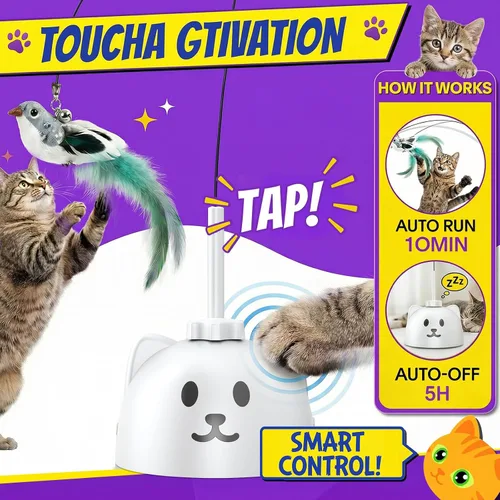 Vista 5 de Juguetes interactivos para gatos de interior: Varita de plumas de ave voladora con giro automático de 360° mejorada con varilla protegida de Blanco