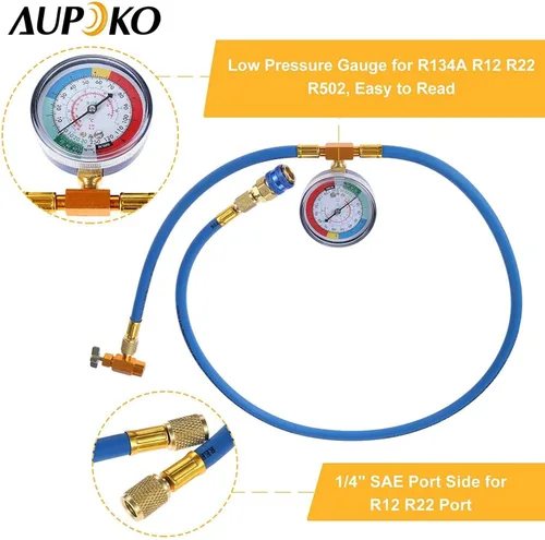Vista 3 de Kit de manguera de recarga Aupoko R134A con manómetro, manguera de recarga de refrigerante AC de 59' con conector hembra de 1/2" tipo punción