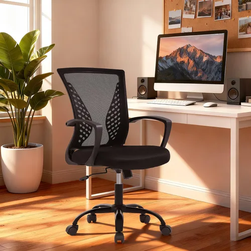 Vista 2 de PayLessHere Silla de oficina, silla de escritorio, silla de computadora, silla ergonómica, malla ejecutiva ajustable, respaldo medio con ruedas Negro