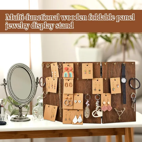 Vista 5 de 101 piezas de soporte plegable de madera para joyas, 48 ganchos, exhibición de aretes para vender tarjetas de exhibición de aretes, 3 paneles
