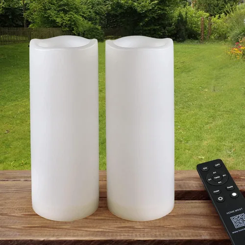 Vista 8 de Paquete de 2 velas LED blancas de 3 x 6 pulgadas para exteriores IP65 impermeables, velas de pilar alimentadas con temporizador y control remoto