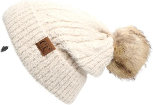 Vista 93 de Gorro unisex liso con pompón y ribete (HAT-43) de C.C Hatsandscarf Exclusives Marfil