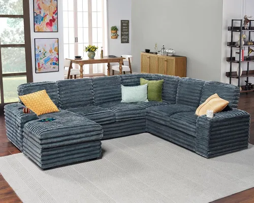 Vista 11 de PaPaJet Sofá en forma de U, sofá de gran tamaño de 112 pulgadas con diván de almacenamiento, sofá modular con portavasos y 2 puertos USB, sofá beige