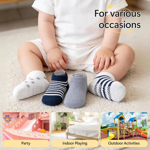 Vista 5 de Looching Calcetines tobilleros antideslizantes para bebés y niños pequeños, 12 pares de calcetines antideslizantes de algodón para niños y niñas