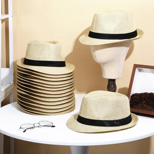 Vista 3 de Paquete de 24 sombreros Fedora de los años 20 a granel para hombres, sombreros de ala corta para el sol Panamá para mujeres, disfraz de fiesta