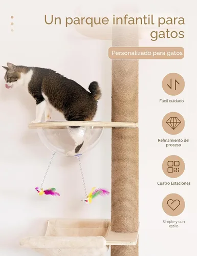 Vista 8 de Árbol para gatos del piso al techo con poste rascador de cuerda de sisal natural, altura ajustable (55-119 pulgadas), árbol de actividades