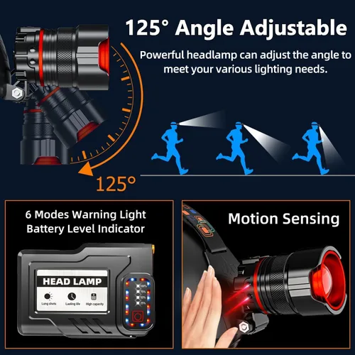 Vista 9 de UVER Linterna frontal LED recargable de 125° gran angular recargable, súper brillante 90000LM lámpara de cabeza con 8 modos de luz, linterna