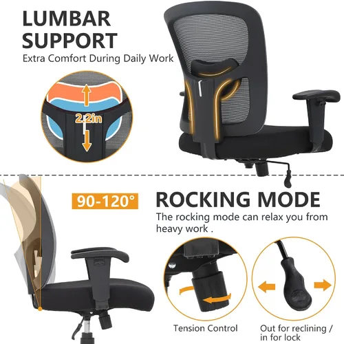 Vista 4 de PayLessHere Silla de escritorio ergonómica, silla de oficina, silla de computadora de 500 libras con soporte lumbar, asiento ancho, brazos de Gris