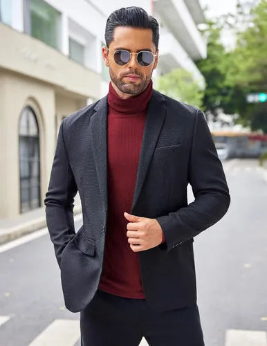 Vista 4 de COOFANDY Suéter de cuello alto para hombre, ajuste delgado, ligero, básico, acanalado
