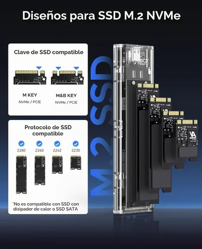 Vista 3 de ORICO Carcasa M.2 NVMe SSD, USB 3.2 Gen 2 (10 Gbps), carcasa de adaptador de unidad de estado sólido externa transparente para 2280 2260 2242 2230