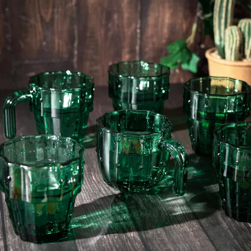 Vista 6 de Vasos apilables de cactus, regalos Stacktus, juego de vasos con forma de cactus de 6 a 10 onzas con asas, figuras de vidrio verde soplado