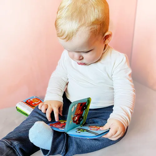 Vista 6 de Libros flotantes de baño para bebés, libros de baño con temática de transporte para bebés, bebés, juguetes de baño impermeables y sin moho