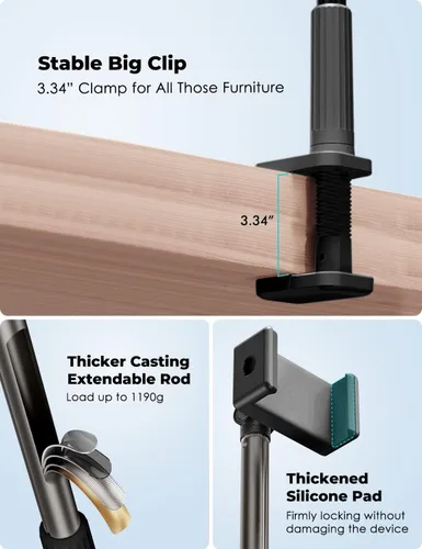 Vista 5 de Viozon Soporte para teléfono, brazo largo flexible, montaje superior, ángulo ajustable de 360°, aleación de aluminio, abrazadera C para cabecero