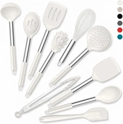 Vista 19 de Onader Juego de 10 utensilios de cocina de silicona, con soporte y mango de acero inoxidable resistente al calor para utensilios de cocina Negro