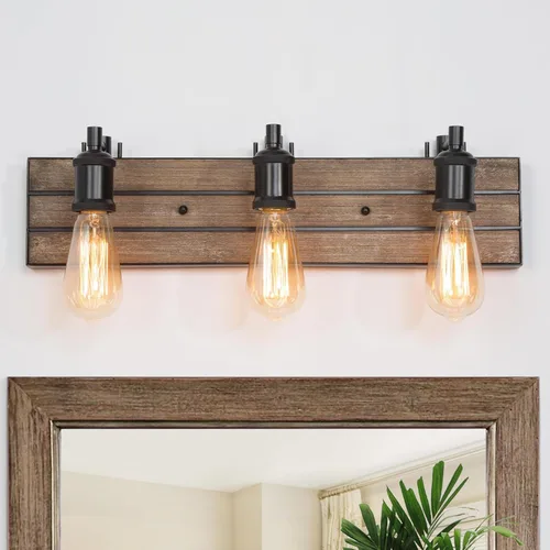 Vista 8 de LOG BARN Lámparas de baño de granja, 2 luces de tocador para baño, 13.8 pulgadas de madera sintética rústica, luces de iluminación sobre espejo