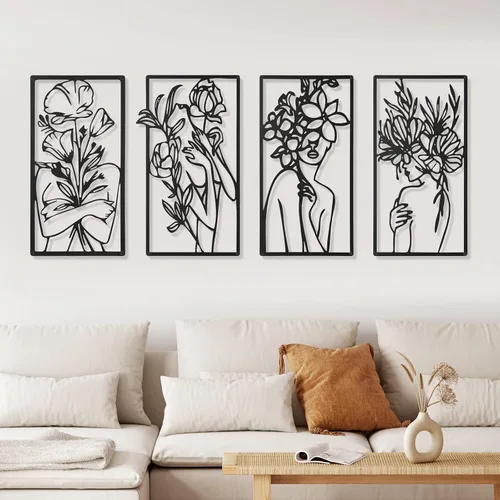 Vista 3 de Cindeer 4 piezas de metal minimalista abstracto mujer arte de pared dibujo minimalista de una sola línea arte femenino arte colgante pared