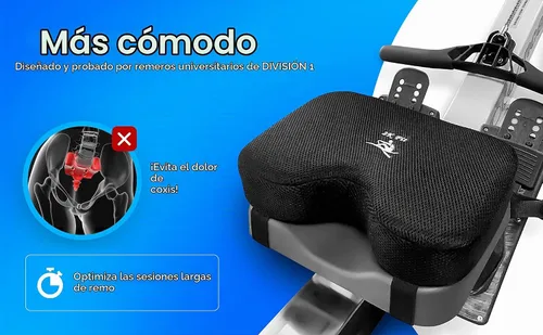 Vista 6 de Cojín de asiento para máquina de remo (modelo 2) para la máquina de remo Concept 2 con espuma viscoelástica personalizada, funda lavable y correas
