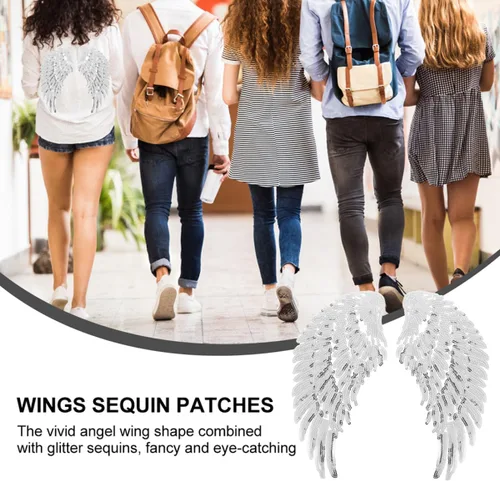 Vista 9 de POPETPOP 2 Pairs Silver Sequin Angel Wing Iron-on Applique Sewing Patch DIY Clothes Decor Material for Clothing Accessories and Craft Embellishment
