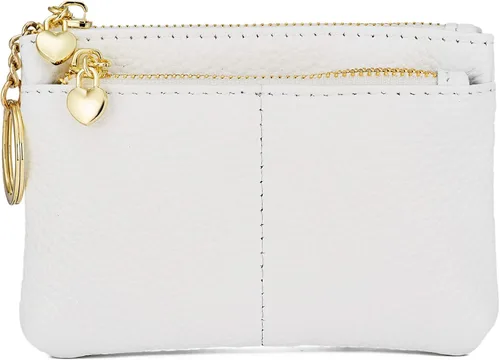 Vista 20 de Mini monedero con cremallera de cuero genuino para mujer, con llavero con triple cremallera, tarjetero Negro