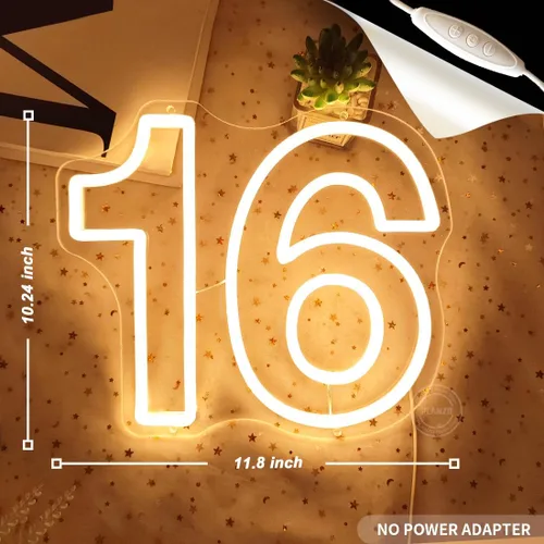 Vista 2 de Planzo 16 Dieciséis LED Neon Sign Light 16th Birthday Party Gift Decoración de pared Backdrop Bedroom Living Room Neon Light Sign Decor, Happy