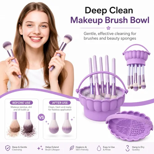 Vista 5 de Pinkiou Makeup Brush Cleaner Mat, 3-in-1 Silicone Cosmetic Brushes Cleaning Bowl with Hanging Drying Mesh & Holder Organizer, Multi-Texture Wash Pad