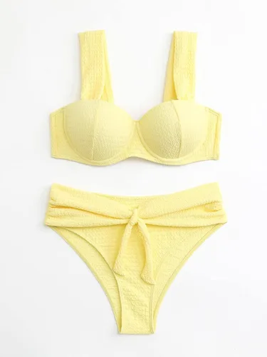 Vista 3 de MakeMeChic Conjunto de bikini de 2 piezas para mujer, traje de baño con nudo frontal, push up de cintura alta