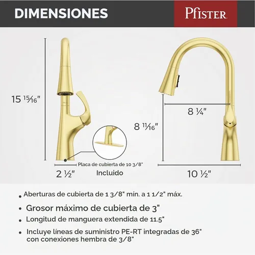 Vista 3 de Pfister Talega - Grifo de cocina extraíble en oro cepillado