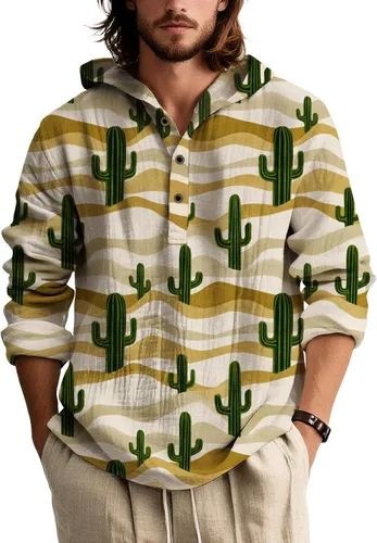 Vista 17 de Sudaderas con capucha con estampado floral retro para hombre, estilo bohemio, con botones, manga larga, sudaderas de gran