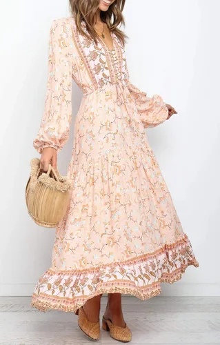 Vista 5 de R.Vivimos Vestido midi de algodón de manga larga con cuello en V y botones para mujer, estampado floral, estilo bohemio