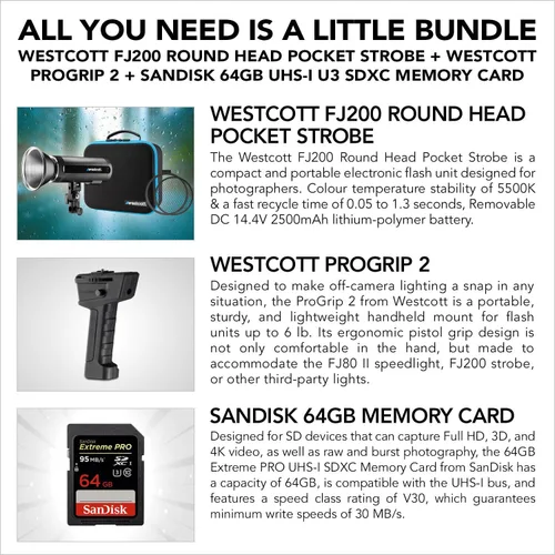 Vista 2 de Westcott FJ200 - Luz estroboscópica de bolsillo de cabeza redonda con tarjeta de memoria de 64 GB para video 4K y Westcott ProGrip2 soporte
