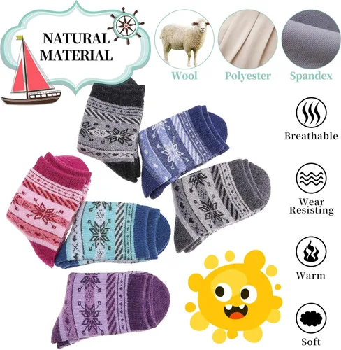 Vista 2 de LANLEO Calcetines de lana para niños pequeños y niñas, para senderismo, para invierno, cálidos, acogedores, gruesos, pesados, térmicos, 6 pares