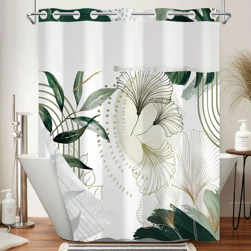 Vista 40 de No Hook Geometric Shower Curtain with Snap in Liner - 71″W x 74″L Waterproof Fabric with Mesh Top Window, Modern Abstract Triangle Design Bath